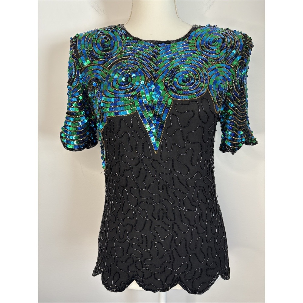 Vintage Royal Feelings 80s Beaded Silk Top‎ Med Floral Black Teal Cocktail Party